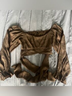 SHEIN Brown Long Sleeve Wrap Crop Top with Puff Sleeves